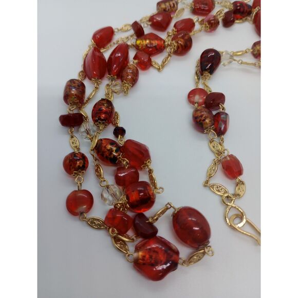 Vtg. 2 Strand Filigree Link Red Orange Murano Style Glass Gold Tone 32" Necklace - Picture 4 of 5